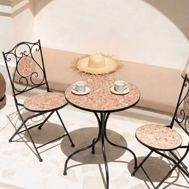 Wyld and Coco Outdoor Bistro Set with Black Powder Coated Steel Frame and Abstract Terrazzo-Effect Ceramic Tabletop