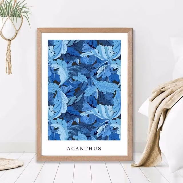 ARTZE William Morris Acanthus Floral Art Print in Bright Blue with Oak Frame