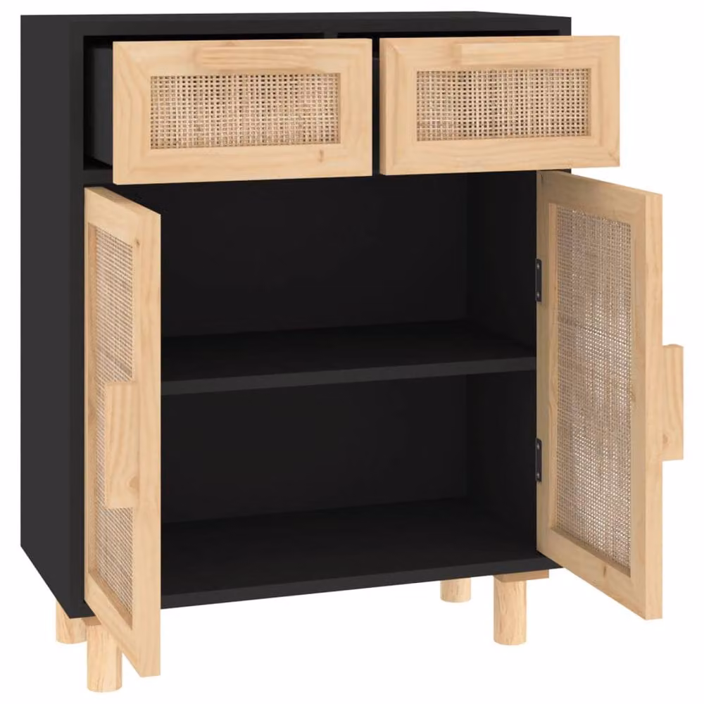 Berkfield Home Black Sideboard in Solid Pine and Natural Rattan, W/D/H: 60 x 30 x 75 cm – 3