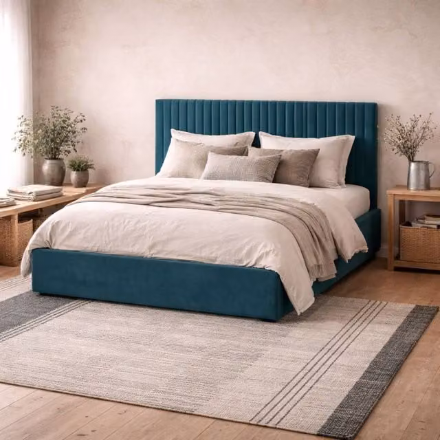 Wyld Haus Dublin Petrol Teal Velvet Double Ottoman Bed with Ribbed Headboard, W/D/H: 152 x 200 x 87 cm – 1