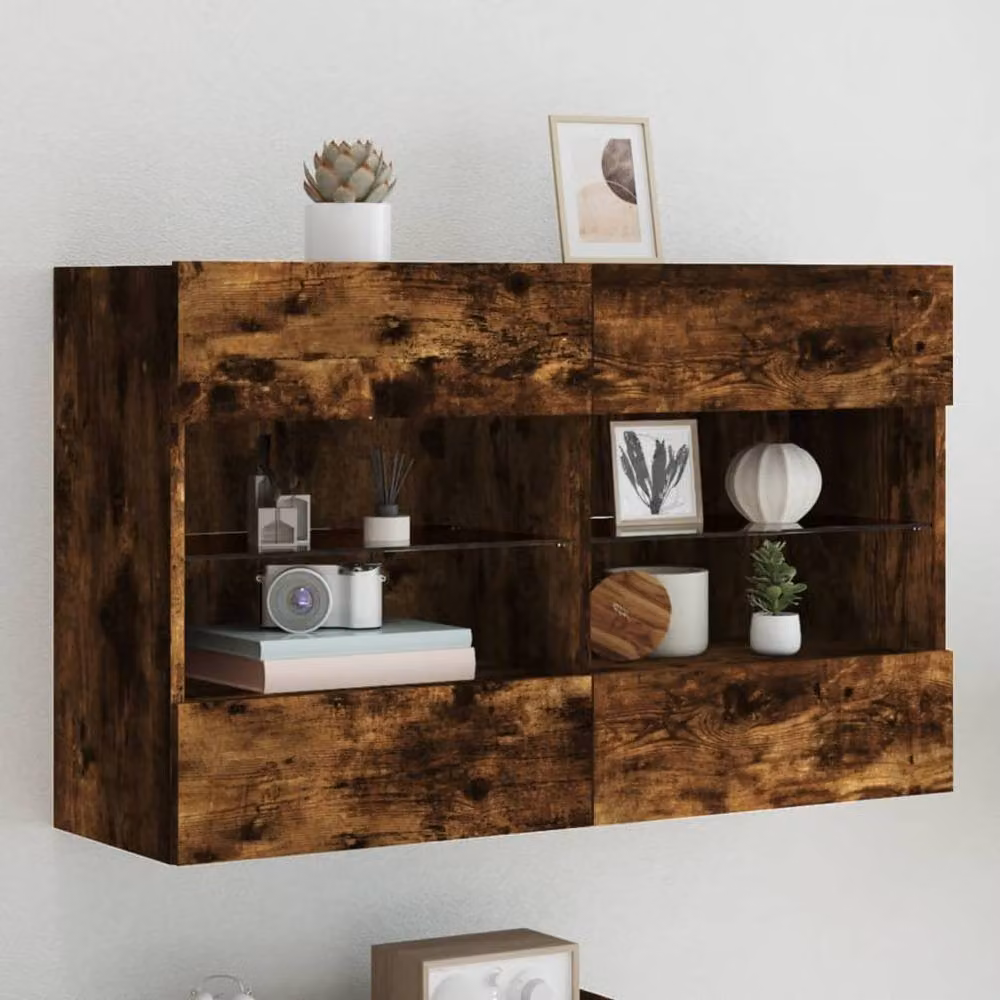 Berkfield Home Modern Wall Mounted TV Cabinet with LED Lights and Glass Doors in Smoked Oak Brown, W/D/H: 98.5 x 30 x 60.5 cm – 2