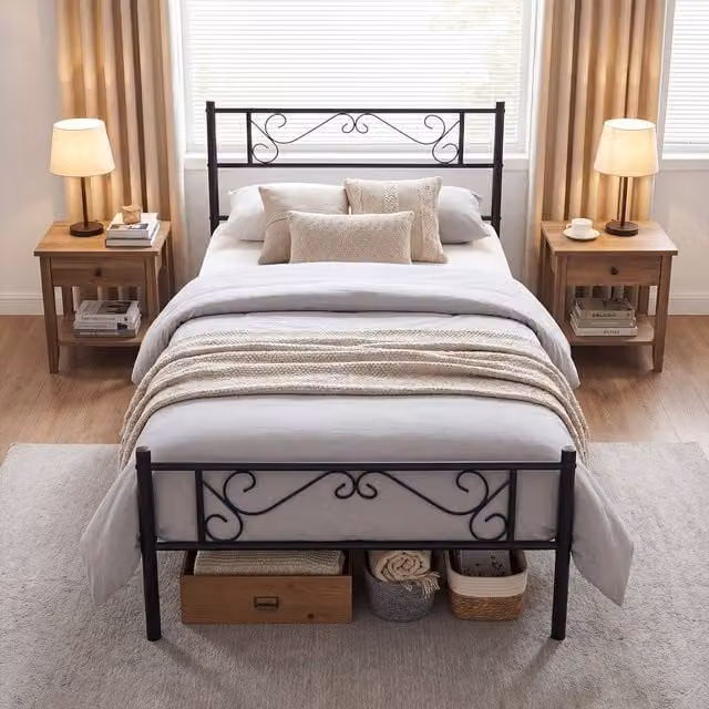 Gymax Single Size Floral Metal Platform Bed Frame with Slats, Black, W/D/H: 90 x 190 x 220 cm