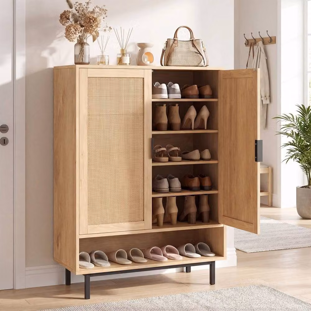 KORVIXA Freestanding Scandinavian Shoe Cabinet in Sand and Brown with Rattan Doors, H 108 cm x W 100 cm x D 100 cm – 2