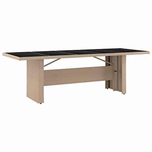 vidaXL Beige Poly Rattan Garden Table with Tempered Glass Top, W: 240 cm, D: 90 cm, H: 75 cm