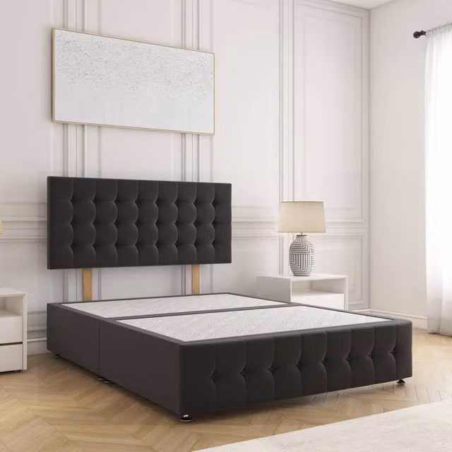 BSSPOKE Eva King Size Divan Bed Set with 24 inch Headboard in Black Plush Velvet