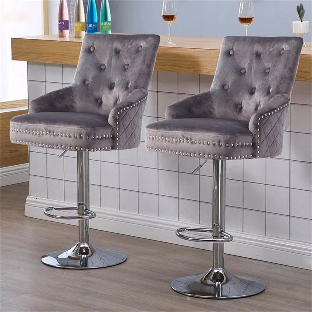 EONLION Grey Velvet Adjustable Bar Stool with Armrests, Height: 100 cm – 5