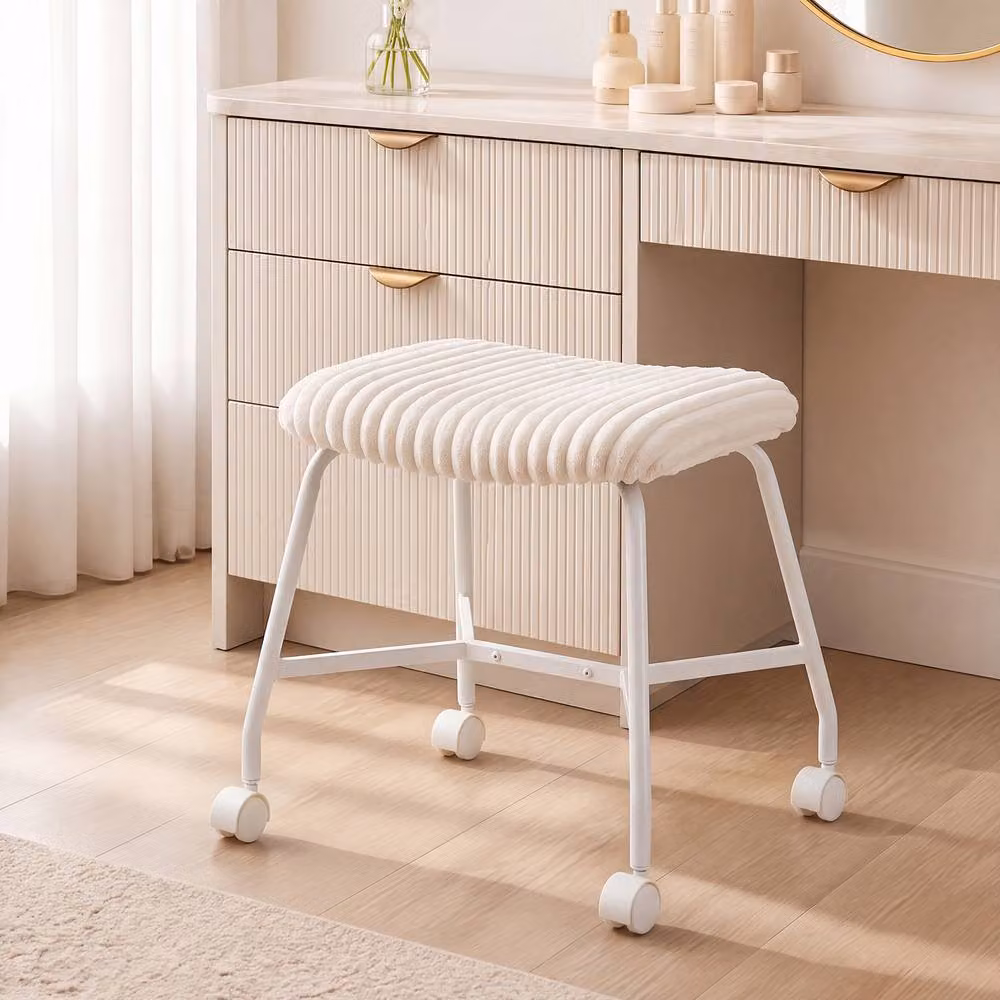 Gymax Set of 2 White Upholstered Footrest Stools with Metal Frames and Castors – 2