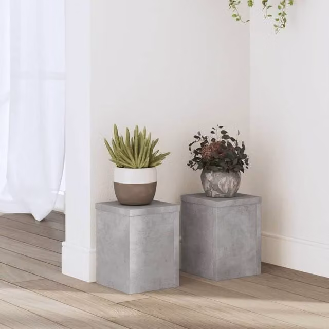 Berkfield Home Set of 2 Modern Square Plant Stands in Grey Concrete and Wood, W/D/H: 15 x 15 x 20 cm