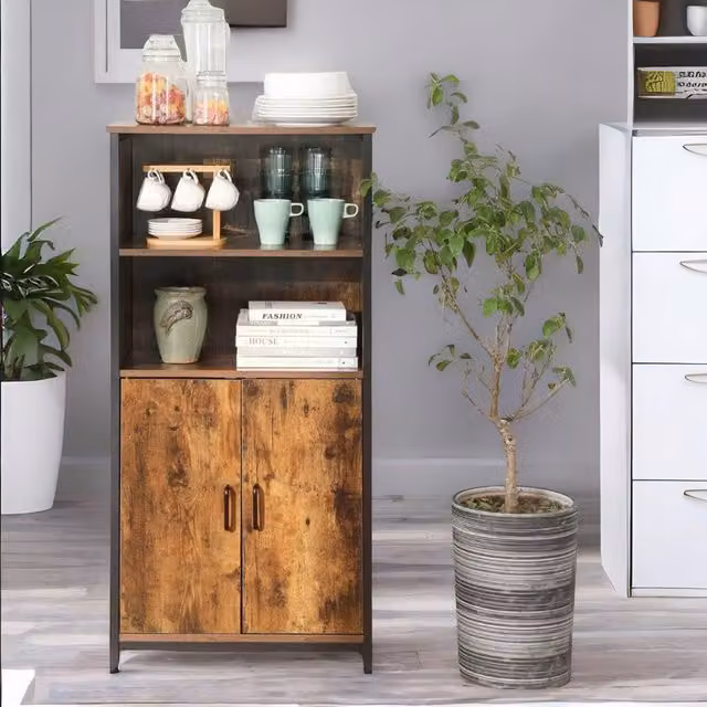 FURNOS Industrial Multipurpose Kitchen Sideboard Buffet Cabinet in Brown with 2 Open Shelves and Hinged Doors, W/D/H: 125 x 35 x 60 cm – 1