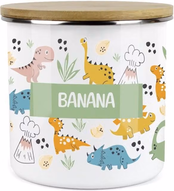 Purely Home Cartoon Dinosaurs Childrens Mini Snack Pot in Banana Green and Multicolour Enamel Metal