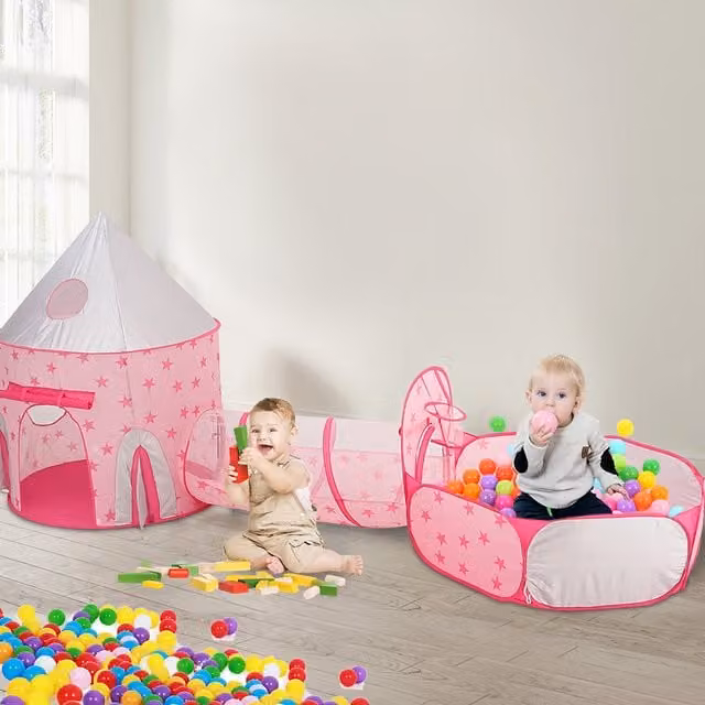 Livingandhome 3 in 1 Kids Pop Up Play Tent, Tunnel and Ball Pit, Pink, Foldable
