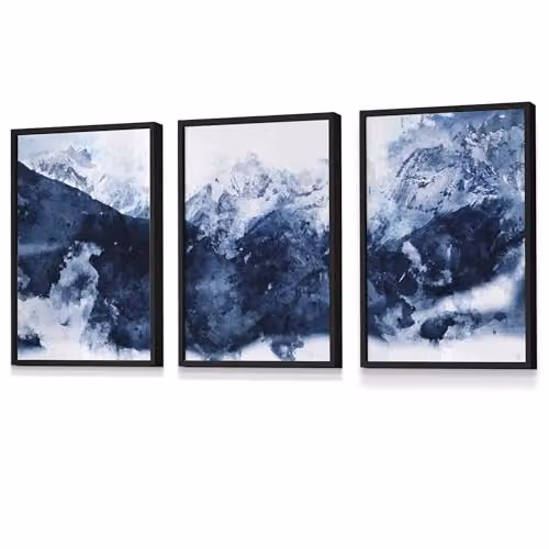 ARTZE Set of 3 Abstract Blue Mountain Landscape Wall Art Paper Posters in Black Frames, W: 45 cm x H: 62 cm x D: 2 cm – 2
