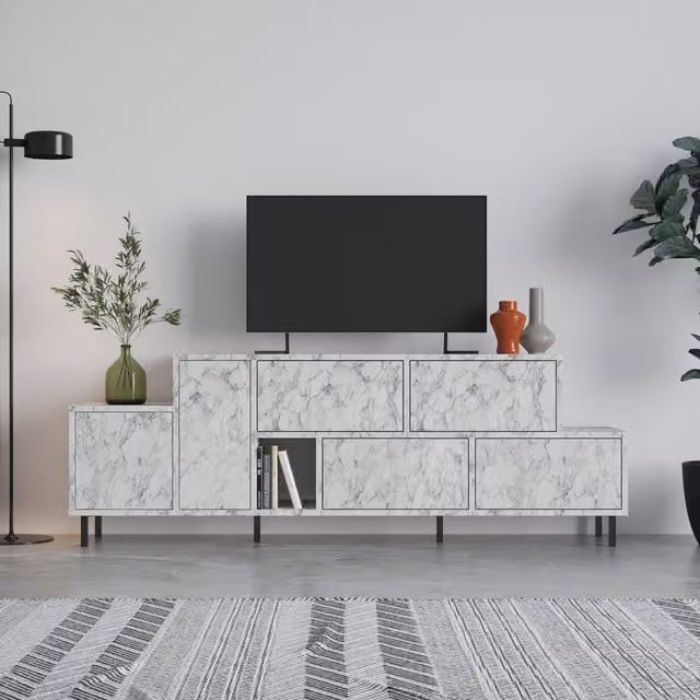Hermes Modern White TV Stand Multimedia Centre with Storage Cabinet, W: 160 cm, D: 36 cm, H: 90 cm