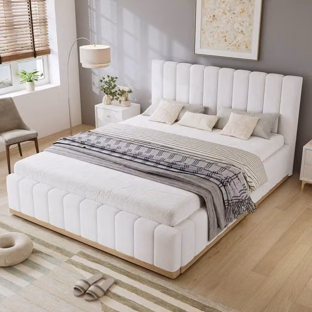 ModernLuxe Upholstered Double Bed with Lift Up Base in White, W/D/H: 140 x 204 x 89 cm – 1