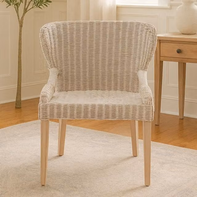 Orsina Grey and Beige Rattan Armchair with Wooden Legs for Garden and Lounge, W/D/H: 64 x 64 x 74 cm