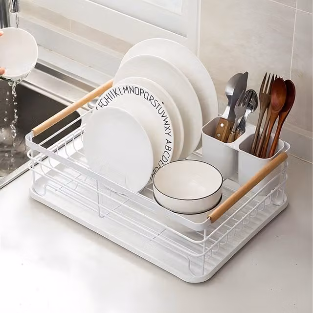 Lifeideas Rectangular Kitchen Dish Drainer with Wood and Metal Handles in White