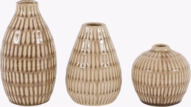 Perch & Parrow Set of 3 Beige Ceramic Ridged Bud Vases
