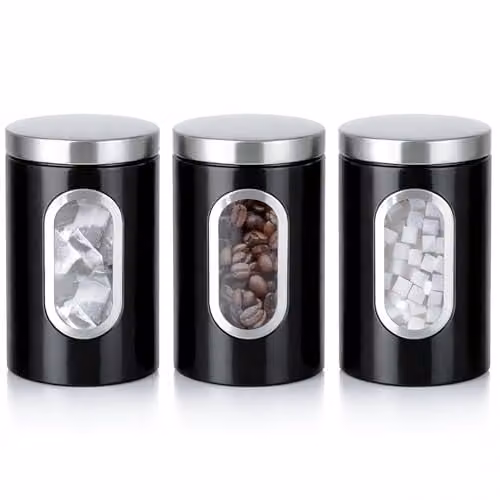 Innoteck 3 Piece Airtight and Leakproof Stainless Steel Kitchen Canister Set in Black – 1