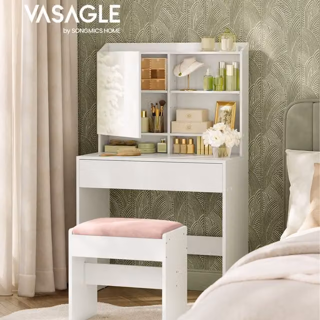VASAGLE Modern 6-Tier Makeup Table with Adjustable Shelves and Mirror in White