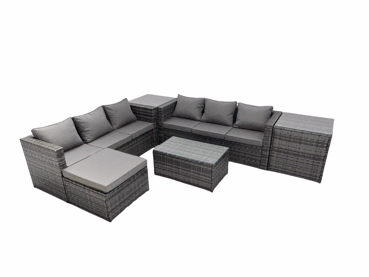 Fimous 7-Seater Patio Coffee Table Sofa Set with 2 Side Tables and Big Footstool in Dark Grey – 2