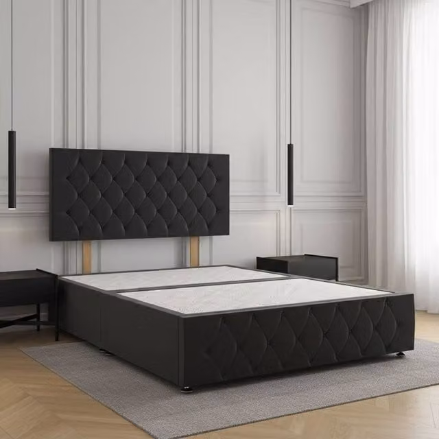 Regional Furnishings King Size Divan Bed with 24 inch Plush Velvet Headboard and Footboard in Black, W/D/H: 180 x 200 cm