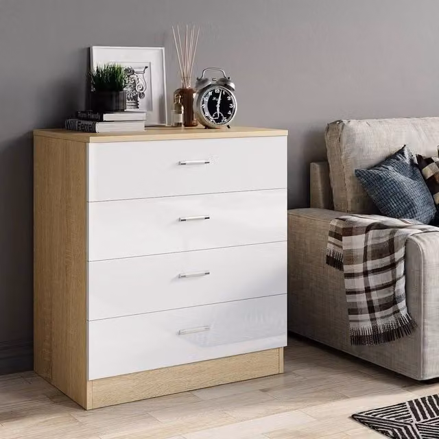 FLAVORA High Gloss 4 Drawer Chest in White and Light Oak