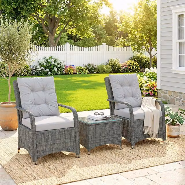Outsunny 3 Piece Rattan Bistro Set in Light Grey with Metal and Glass Details for Garden, Balcony or Terrace