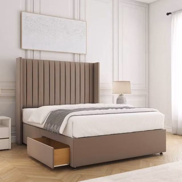 BSSPOKE Manhattan King Size Divan Bed with 54 inch Plush Headboard, 2 Drawers and Footend in Bronze Velvet Fabric, W/D/H: 180 x 200 cm