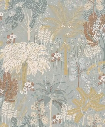 Grandeco Louan Jungle Motif Floral Foliage Metallic Textured Vinyl Wallpaper, Green and Multicolour