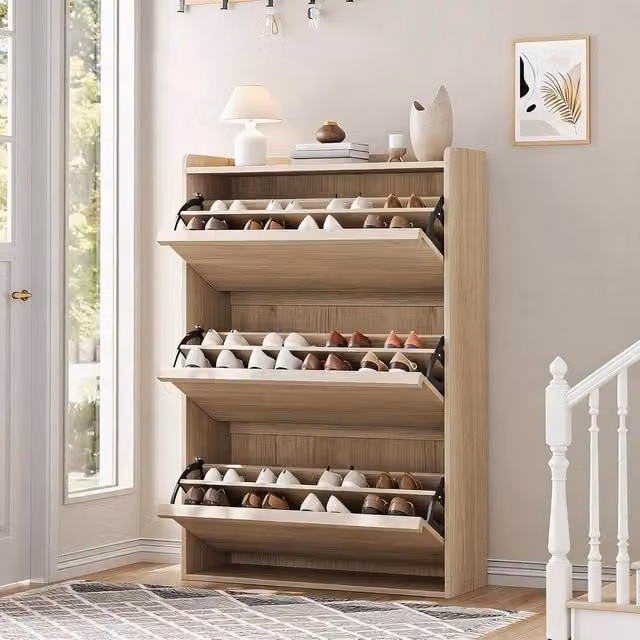 London Boutique Wall Mounted Shoe Storage Cabinet with 3 Tilting Compartments in Brown and Beige – 1