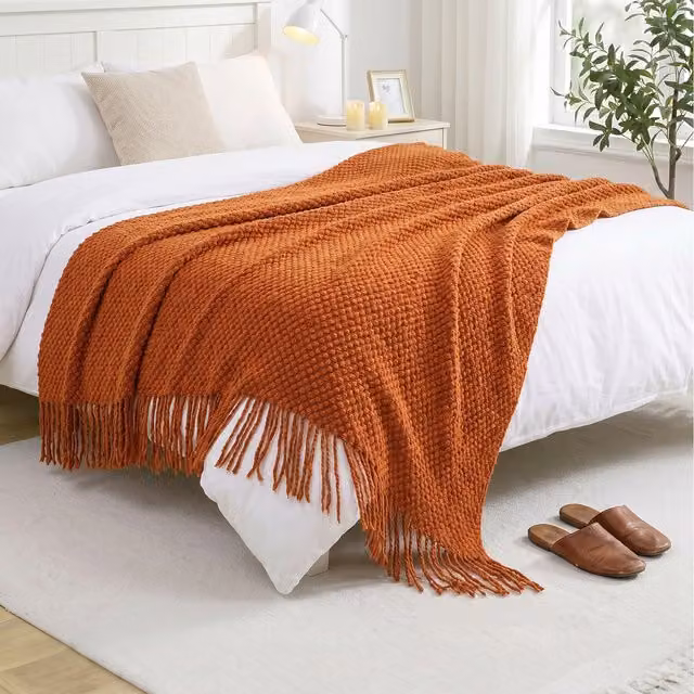 Livingandhome Orange Knitted Polyacrylic Throw Blanket with Fringes