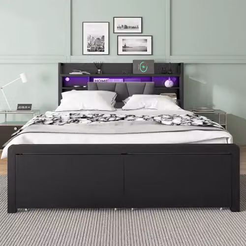 Matteo Black Metal Double Bed with Multi-Colour LED Strip Lights, USB Charging Port and Drawers, W/D/H: 140 x 200 cm – 2