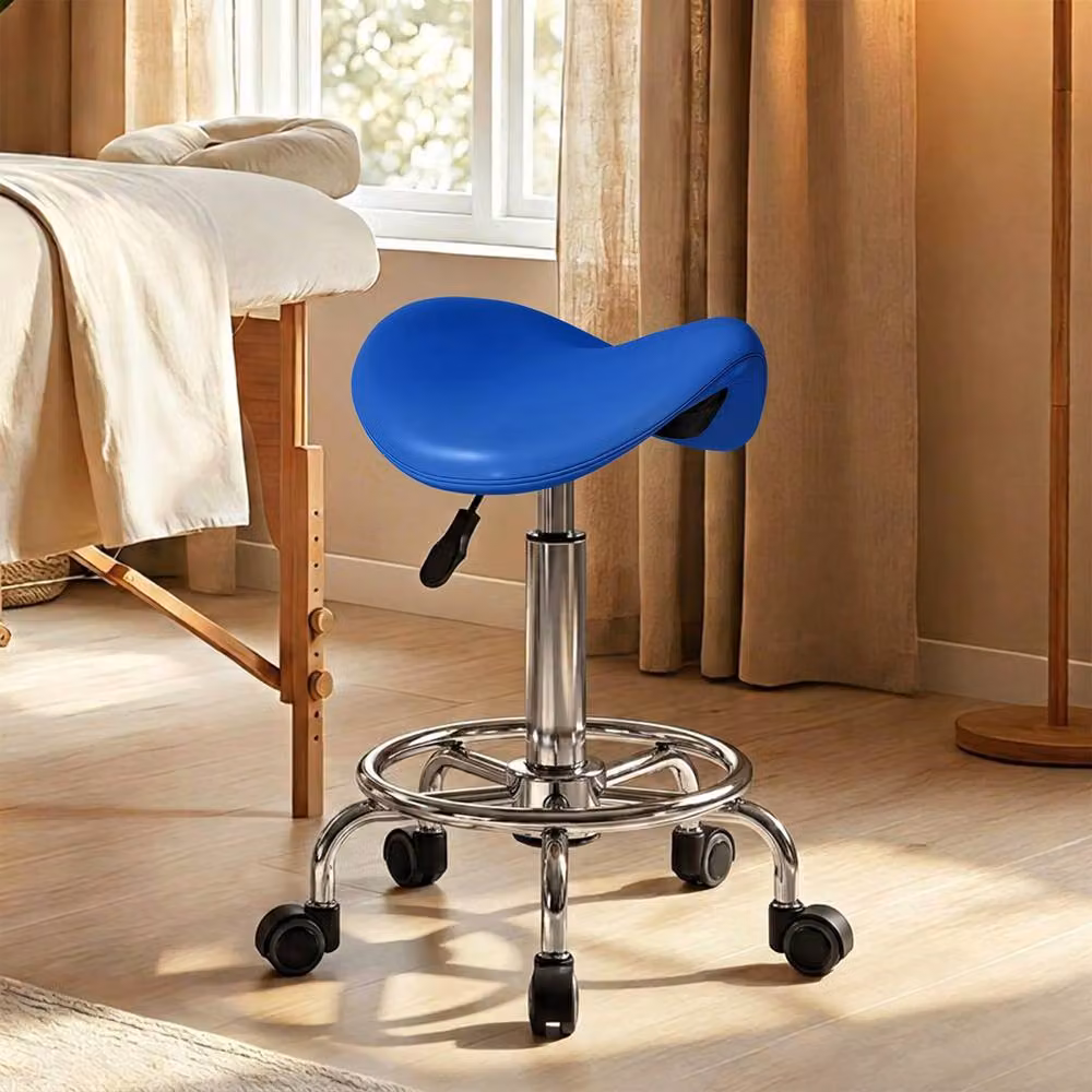 STILVORA Adjustable Height Saddle Stool with Blue PU Leather and Castors – 2