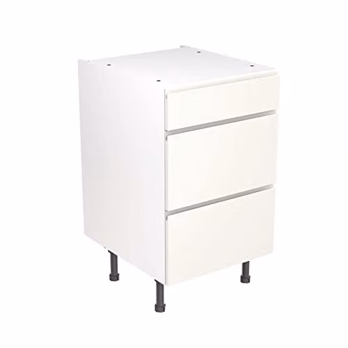 Kitchen Kit White Gloss Flatpack Base Cabinet with 3 Internal Drawers and J-Pull Doors, W: 50 cm, H: 87 cm