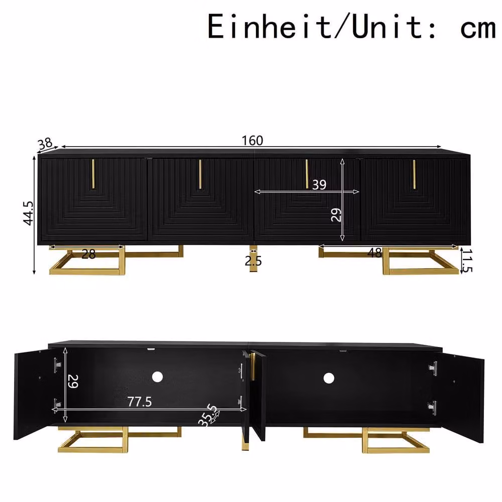 BTM Modern Black Wood TV Stand with Textured Doors and Gold Handles, W: 160.0 cm, D: 38.0 cm, H: 44.5 cm – 2