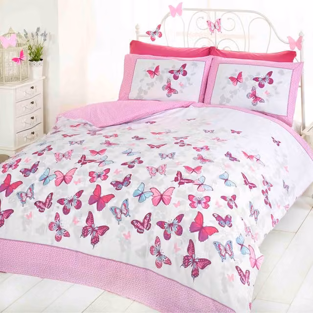 Rapport Home Flutter Butterflies Reversible Polycotton Duvet Set and Pillowcase, Pink, 140 x 200 cm