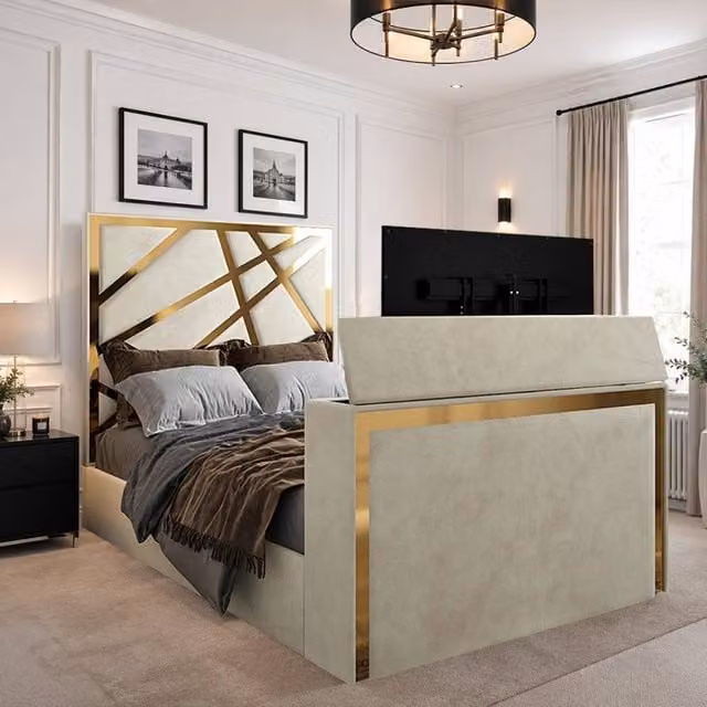 KDMD Askham King Size Upholstered Soft Velvet TV Bed Frame in Cream – 1