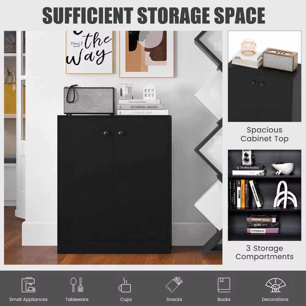 Costway Modern 2-Door Black Buffet Sideboard Cabinet with Internal Shelves for Kitchen or Hallway – 4