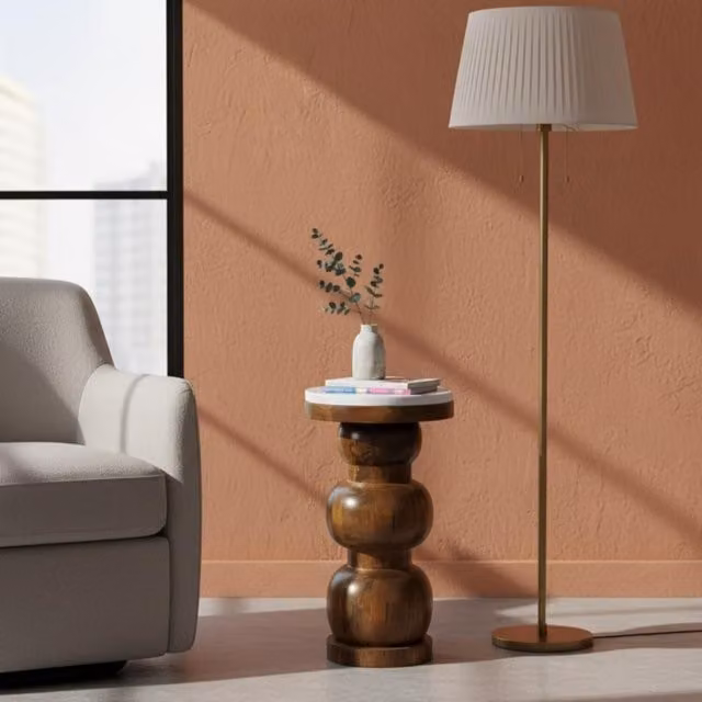 Artisan Furniture Bulla Round Side Table with Mango Wood and Marble Top in Brown