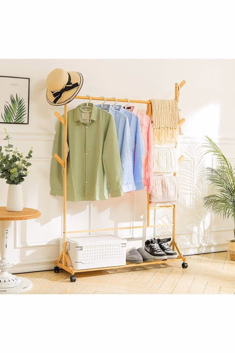 Living and Home Bamboo Clothes Rack with Bottom Shelf in Beige