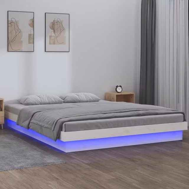 Berkfield Home Small Double LED Bed Frame in White Solid Pine Wood with Under-Bed Lighting and USB Charging Port, W/D/H: 120 x 200 cm