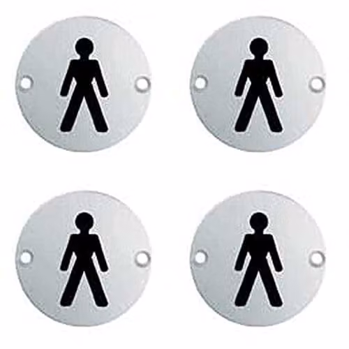 Loops 4 Pack Male Symbol Bathroom Door Signs in Polished Silver Stainless Steel, 76mm Diameter – 1