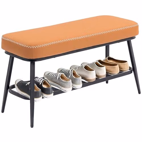 HOMCOM Modern Shoe Bench with PU Leather Seat and Metal Frame in Brown and Black, W/D/H: 120 x 31 x 45 cm – 1