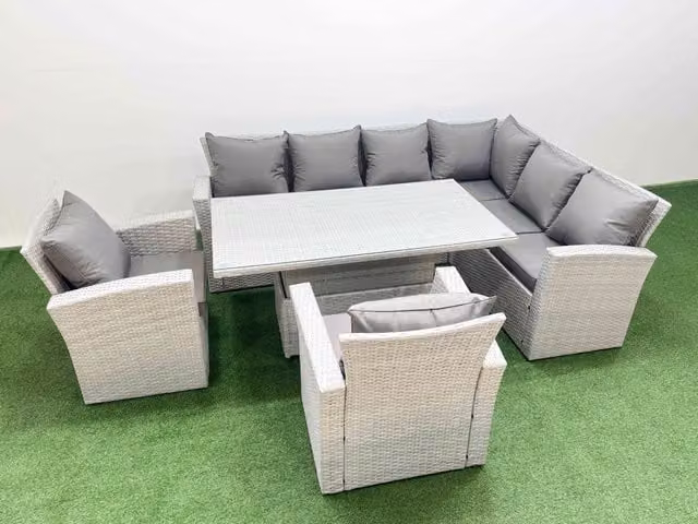Fimous 8 Seat Rattan Garden Furniture Corner Sofa Set with 2 Chairs in Light Grey