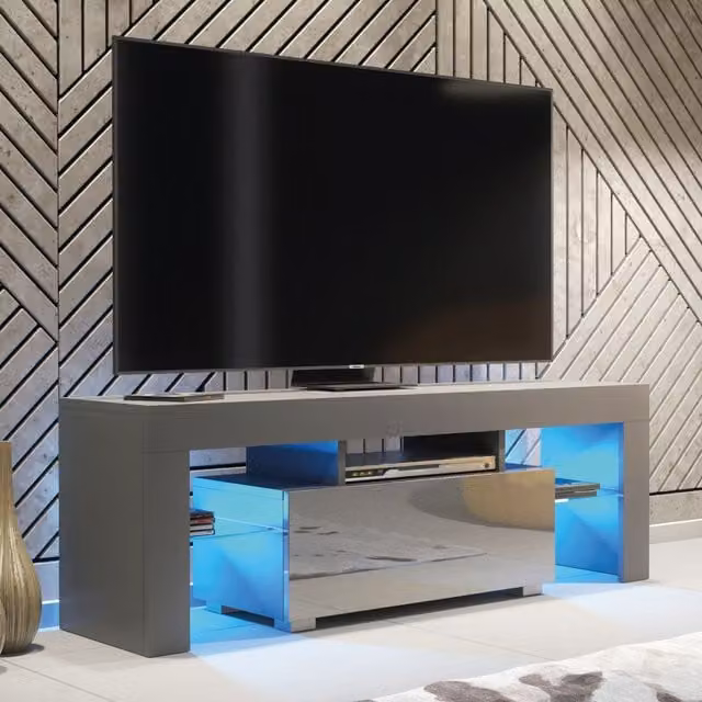 Mex Furniture LTD Modern Glossy TV Unit with LED Lighting in Dark Grey, W: 130 cm, D: 35 cm, H: 45 cm