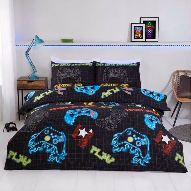 Rapport Home Gamer Graphic Microfibre Polyester Duvet Set with Pillowcase, Multicolour/Black, Duvet Cover: 135 x 200 cm, Pillowcase: 50 x 75 cm