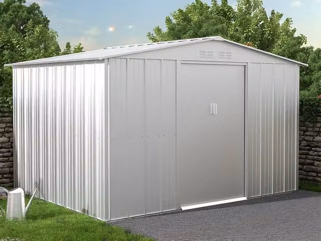 Vente-unique LINUS Galvanised Steel Garden Shed in Light Grey with Double Doors and Gable Roof