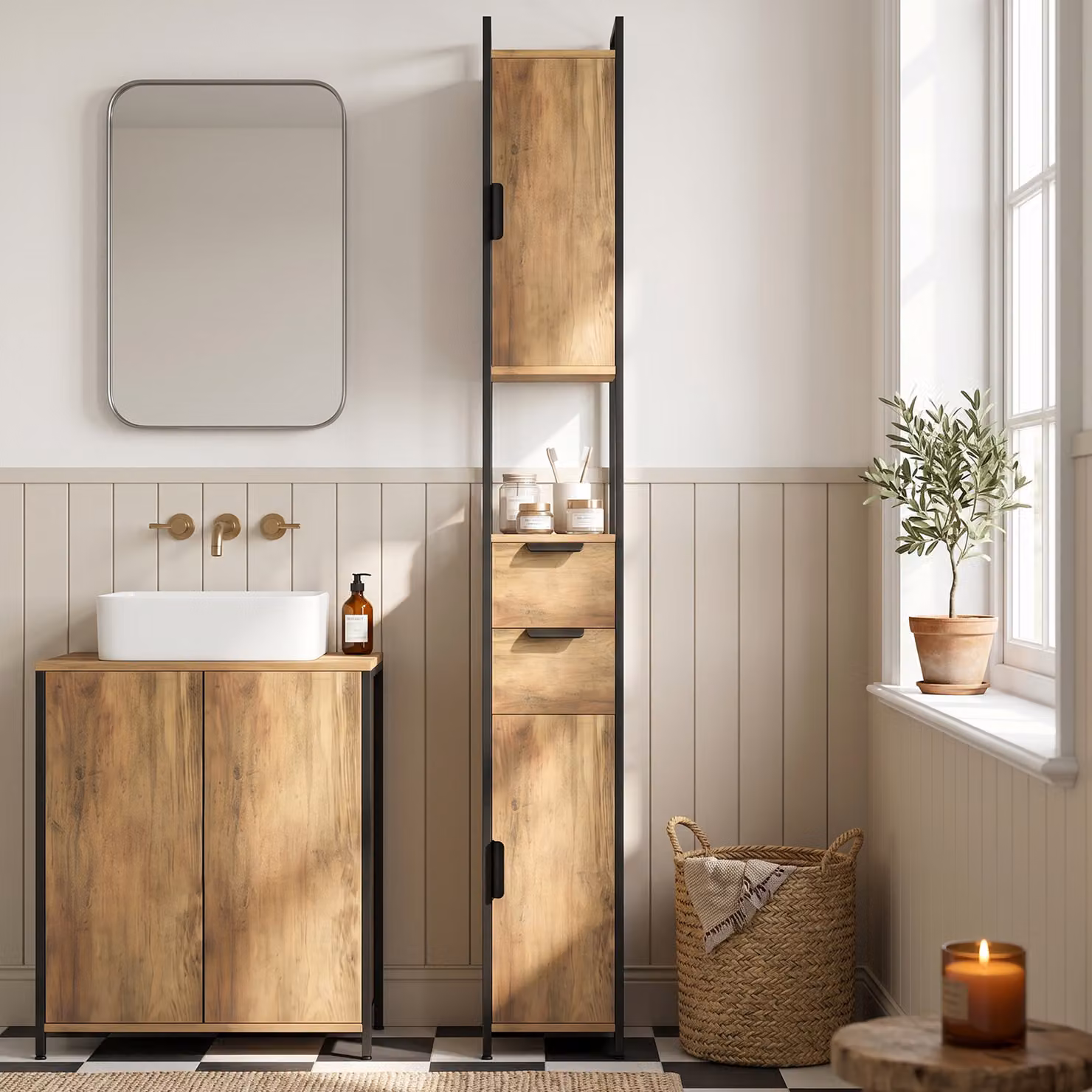 HOMCOM Freestanding Brown and Black Industrial Bathroom Storage Cabinet with Soft-Close Doors, Internal Drawers and Shelves, H 180 x W 25 x D 25 cm – 2