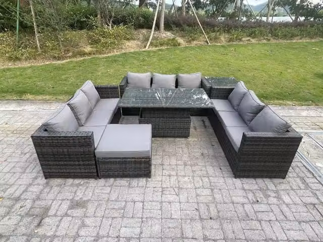 Fimous Dark Grey Rattan Garden Furniture Set with Adjustable Height Dining Table and Side Table
