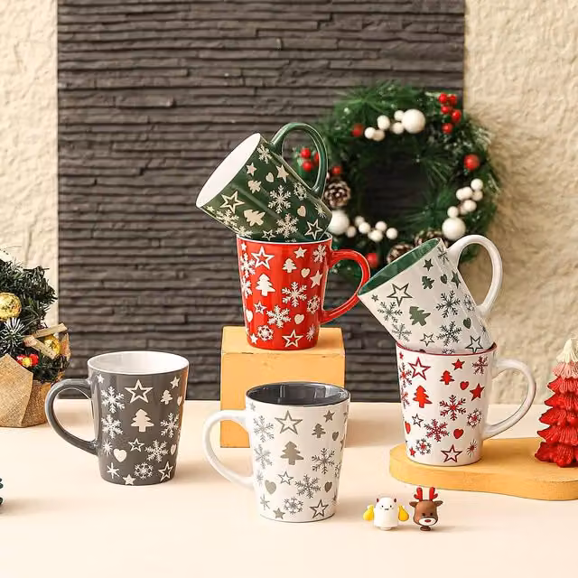 Simpa 6-Piece Christmas Tree and Snowflake Stoneware Mug Set, Multicolour, 350ml per mug – 1